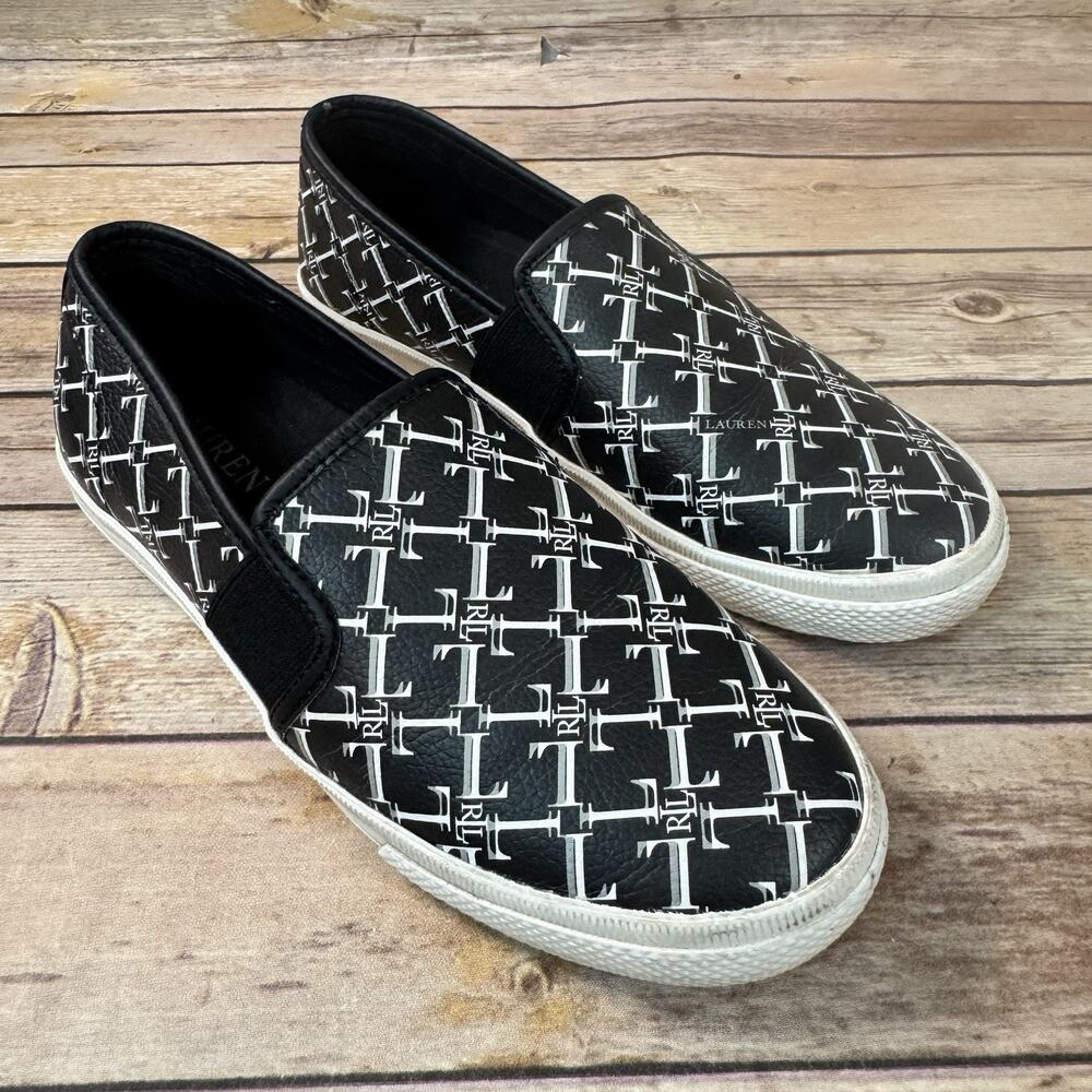 Lauren Ralph Lauren Black White Womens Slip On Sneakers 6 Preppy Classic Shoes